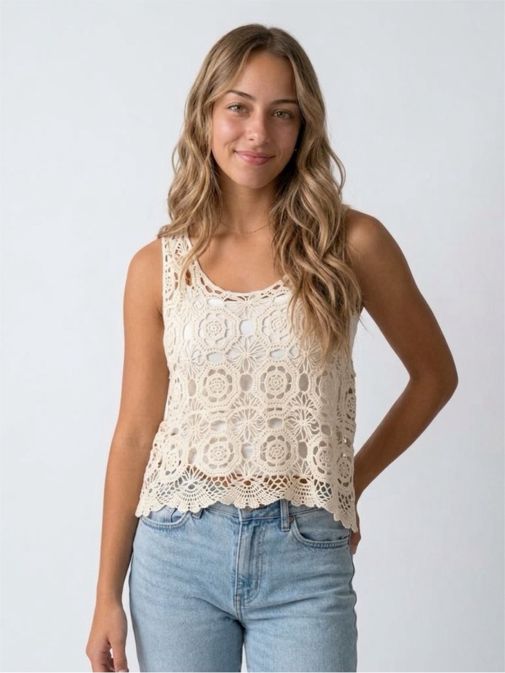 ADORA Crochet Floral Lace Tank Top - Cream